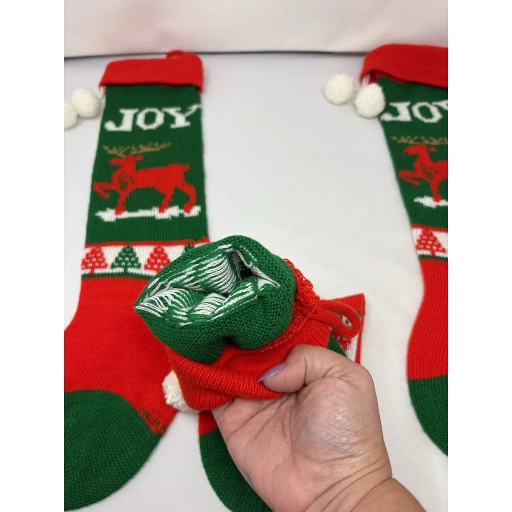 3 Vintage Red Green Joy Reindeer Knit Christmas Stocking PomPom Granny Core 80's